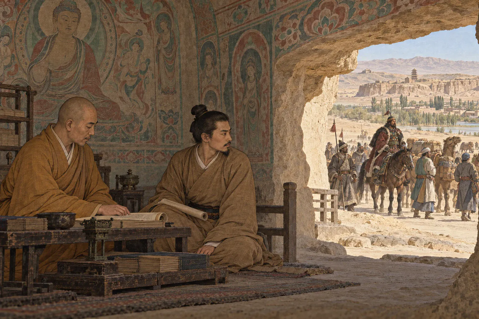 青年张议潮在莫高窟随僧人学习，暗中观察吐蕃官员与商旅往来。