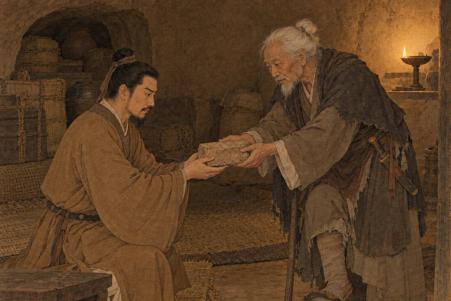 张议潮在暗室面对瘸腿老汉，从对方手中接过象征沙州记忆的旧土砖。