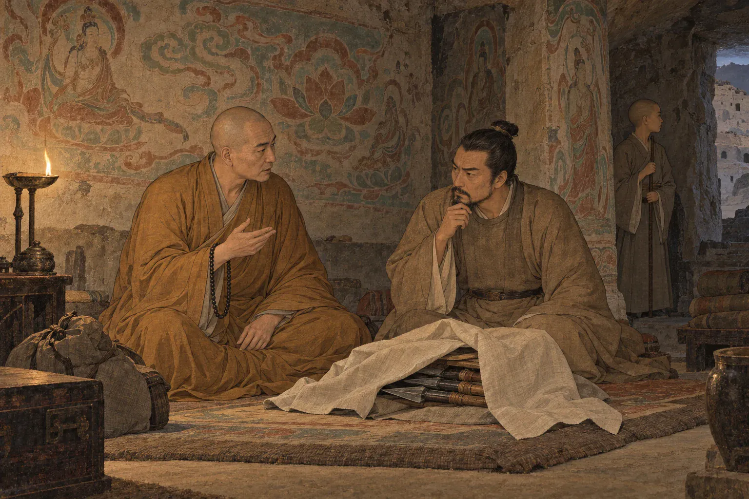 洪辩在莫高窟禅房向张议潮说明僧人传信与藏匿兵器的计划。