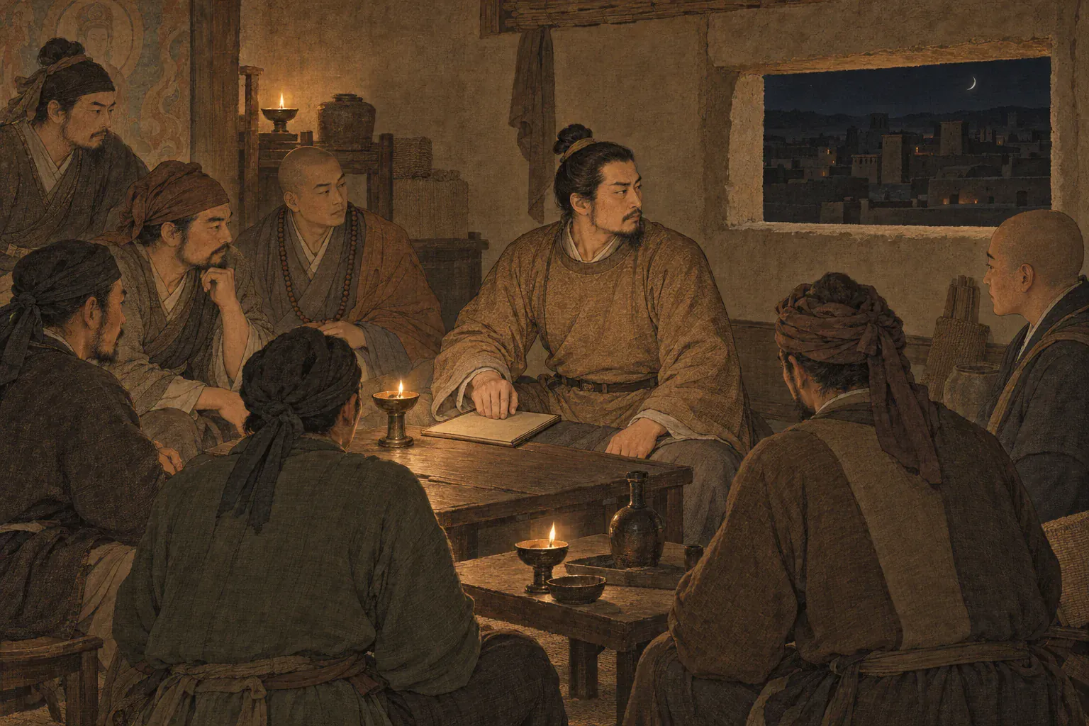 张议潮在灯下清点可信同伴，合起无字名册后望向沙州夜色。