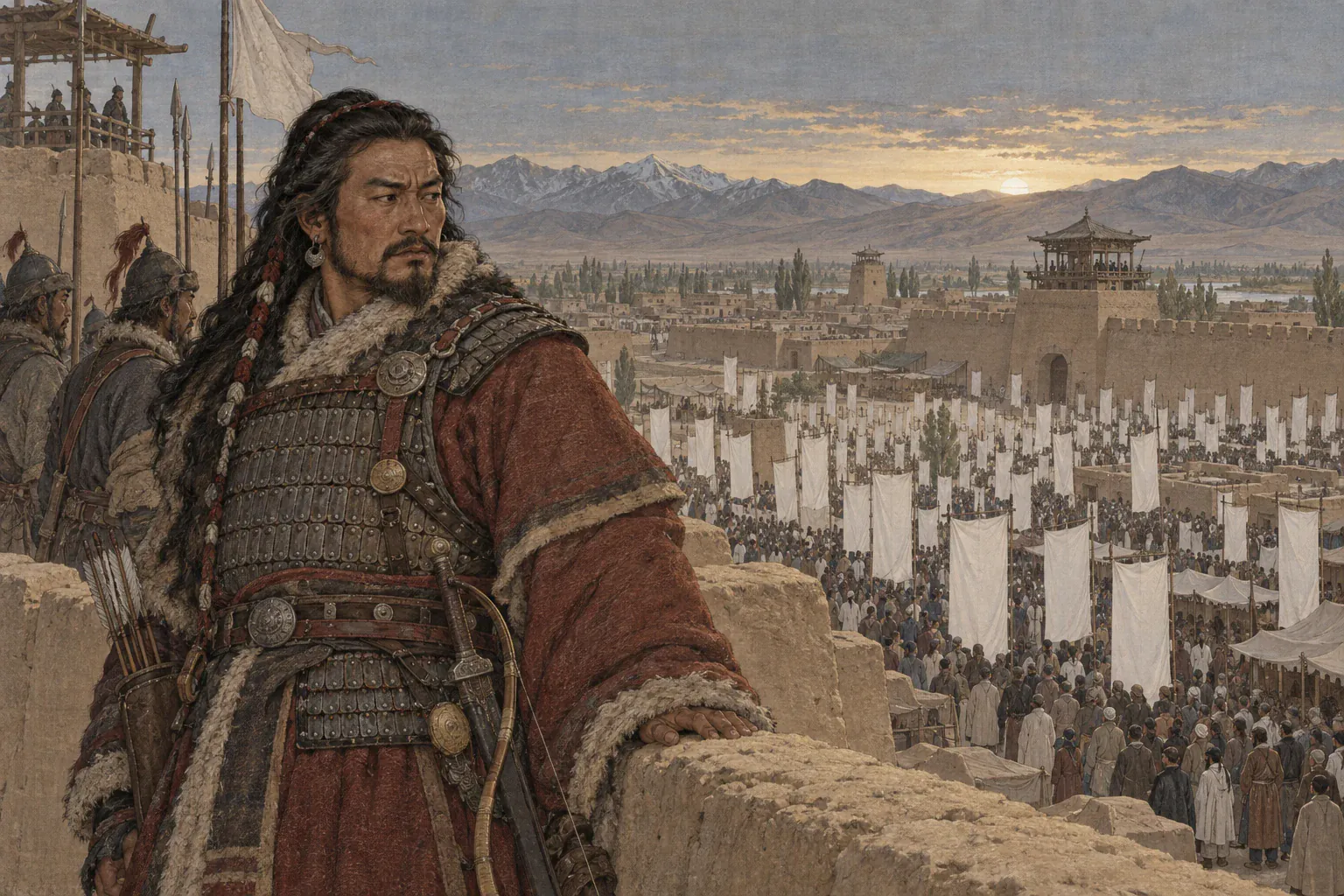 吐蕃守将禄赞站在城头望见满城白旗与聚集百姓，神色由强硬转为惊疑。