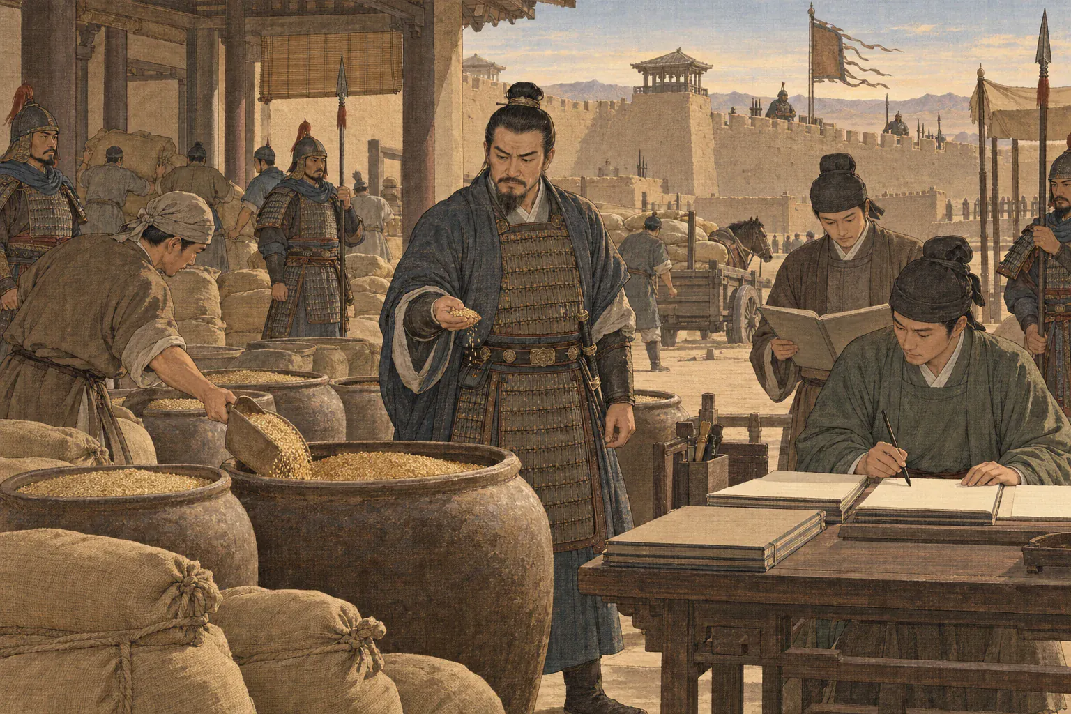 张议谭留守沙州衙署清点粮仓与城防，替出征的张议潮维持后方。