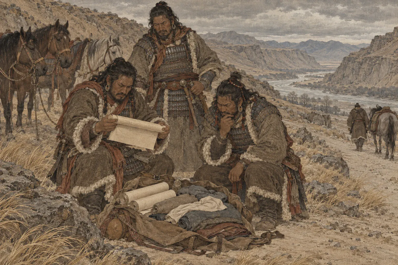 吐蕃溃兵在河湟道上挑开信使包袱，只见经卷与换洗衣物。