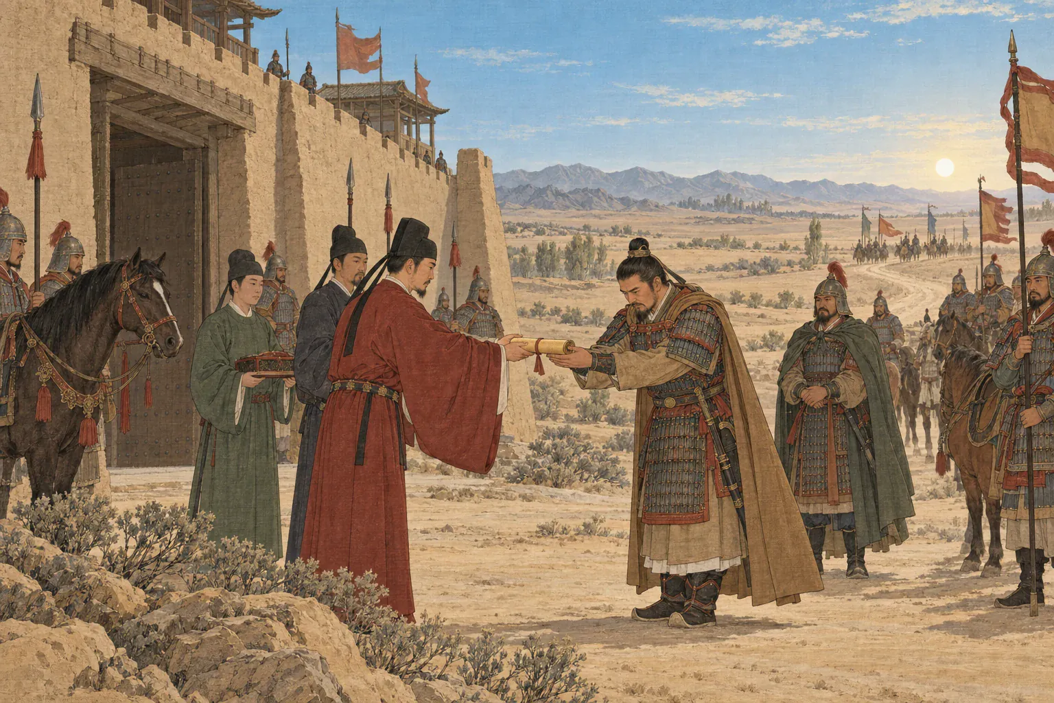 张议潮在沙州城前双手接过朝廷敕书，向东方郑重三拜。