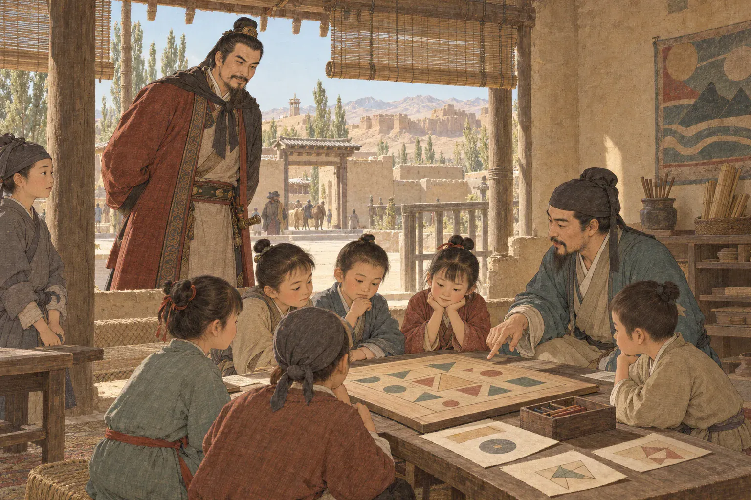 张议潮亲自查看新设学堂，孩童围坐在仅有抽象纹样的木板前。