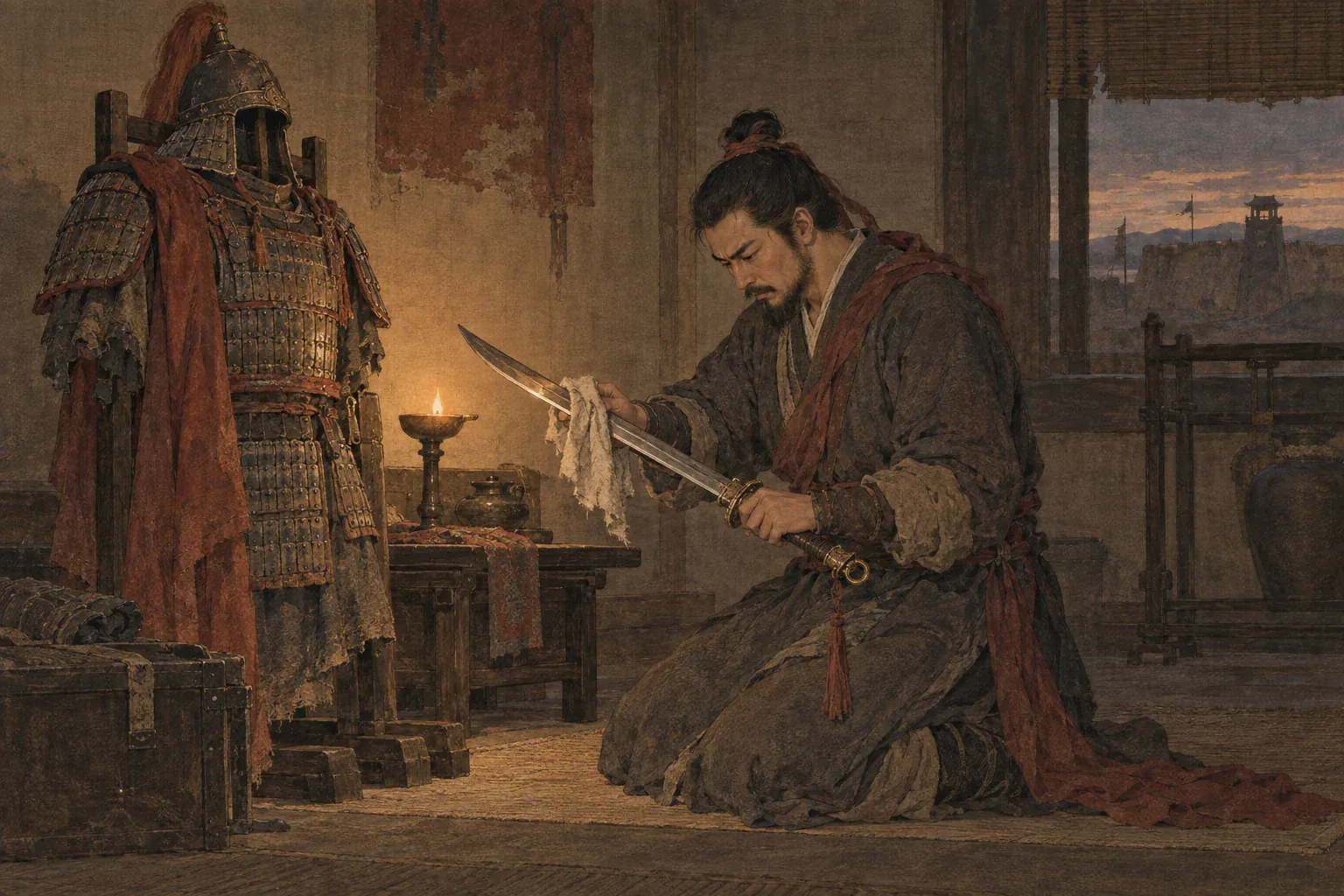 张议潮站在王老遗下的空甲与旧刀前，俯身把刀擦净后佩在腰间。
