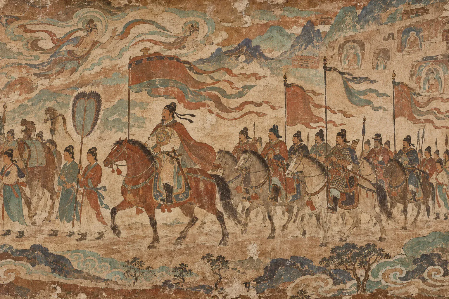 莫高窟壁画呈现张议潮骑马领队出行，骑兵、仪仗与随员绵延展开。